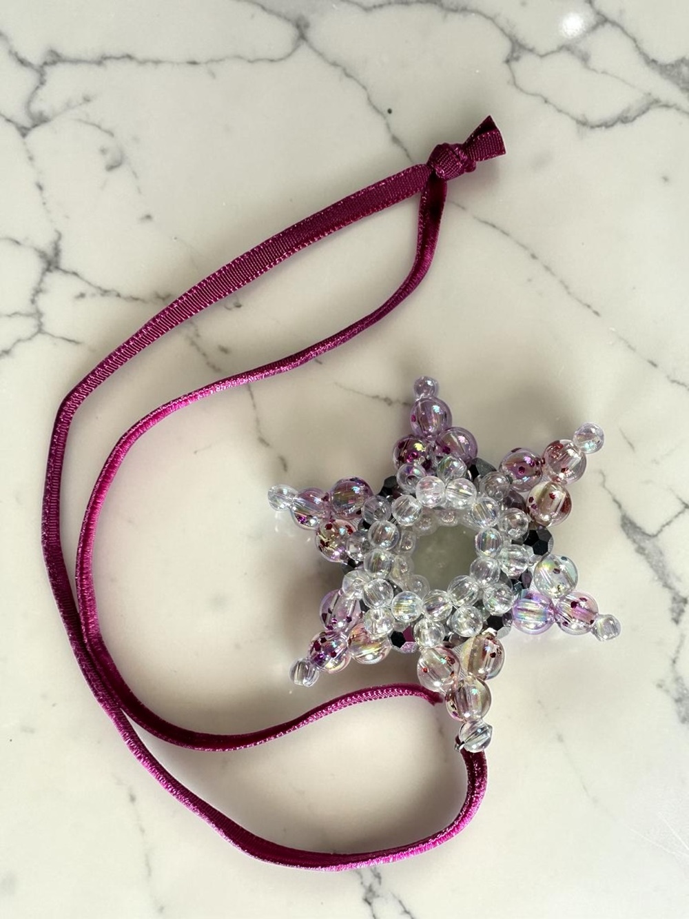 Wild Violet Handmade Bead Star Ornament “Sugarplum” on Velvet Ribbon